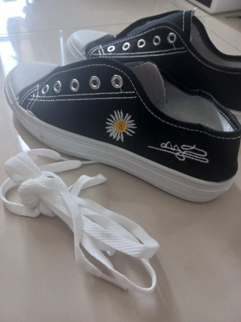 Cute Black and White Flower Converse Shoes Lace Up Street Fashion