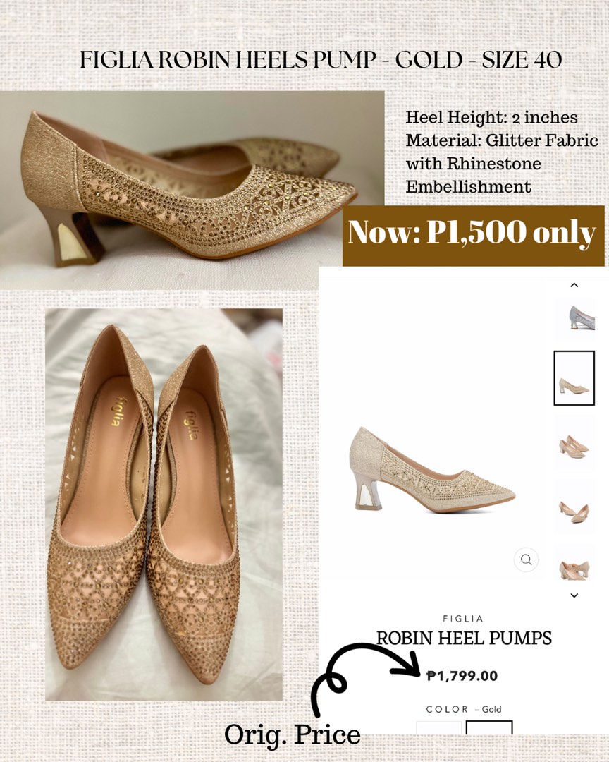 Figlia Robin Heel Pump Gold Size 40 2 inches heel