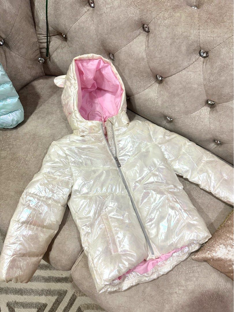 H M puffer hoodie jacket hologram Unicorn pink white Babies