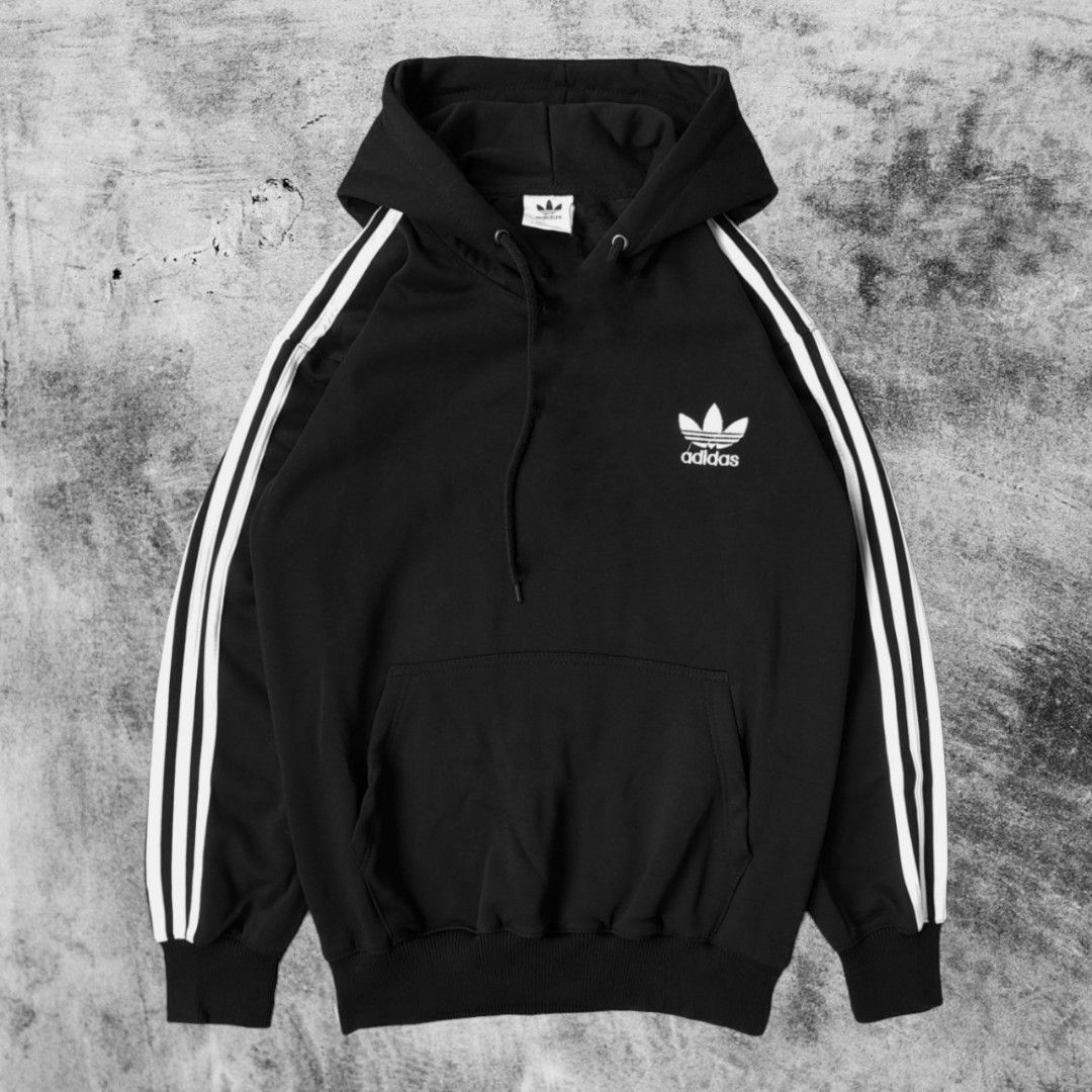 Hoodie Adidas Classics Stripes Hitam, Fesyen Pria, Pakaian