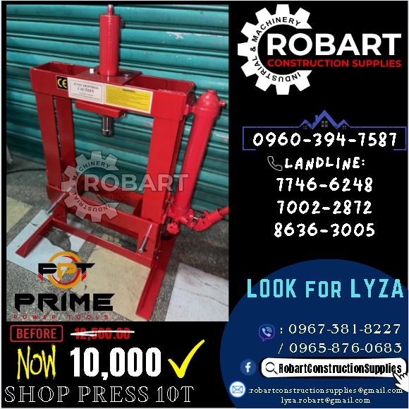 Hydraulic Shop Press (Category: Construction Tools & Equipment) located in Manila. Submitted by lyzarobart11 (Listing ID 1276808219, Image 1). Description: Hydraulic Shop Press Capacity: 10Tons Brand: Prime Power Tools Model: PPT-SP10 𝐒𝐄𝐍𝐃 𝐔𝐒 𝐌𝐄𝐒𝐒𝐀𝐆𝐄 𝐅𝐎𝐑 𝐈𝐍𝐐𝐔𝐈𝐑𝐈𝐄𝐒 ‼️ 0 9 6 7 3 8 1 8 2 2 7 0 9 6 0 3 9 4 7 5 8 7 𝐋𝐚𝐧𝐝𝐥𝐢𝐧𝐞 𝐍𝐮𝐦𝐛𝐞𝐫𝐬: 𝟕 𝟕 𝟒 𝟔 - 𝟔 𝟐 𝟒 𝟖 / 𝟕 𝟎 𝟎 𝟐 - 𝟐 𝟖 𝟕 𝟐 / 𝟖 𝟔 𝟑 𝟔 - 𝟑 𝟎 𝟎 �