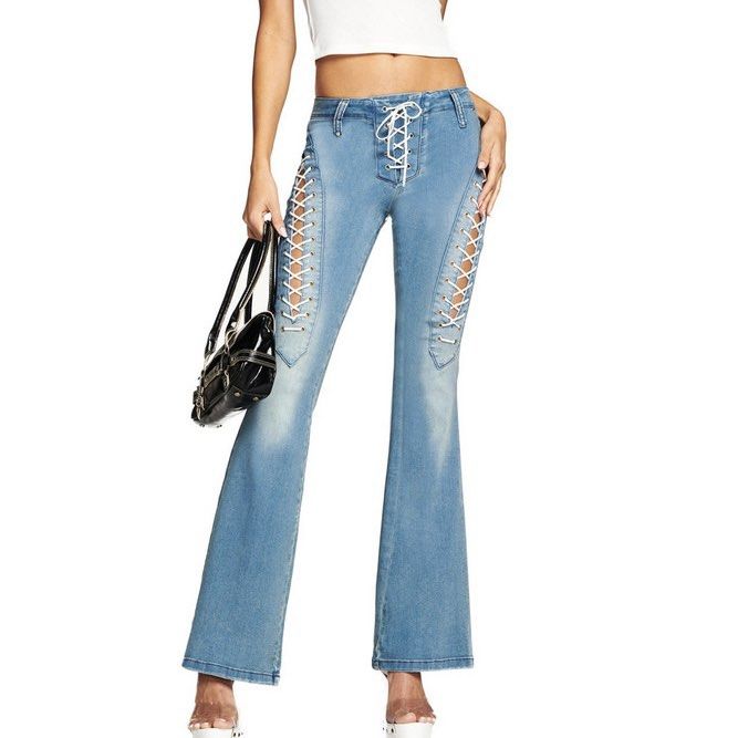 I AM GIA Nolita Lace Up Low Waist Flare Jeans, Women's Fashion