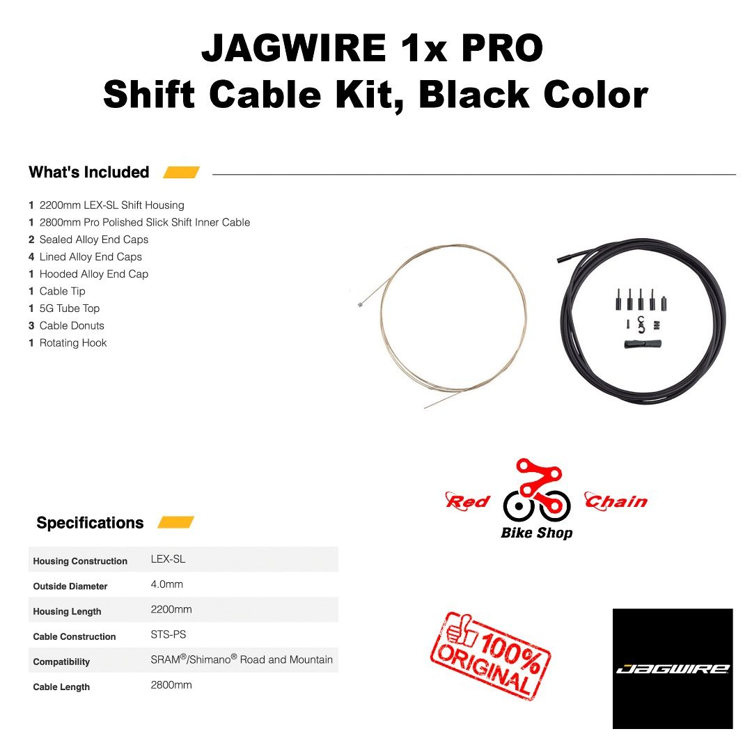JAGWIRE 1x PRO Shift Cable Kit for SRAM or Shimano (Category: Bicycles) located in Malay. Submitted by redchain (Listing ID 1184578152, Image 3). Description: 🔥 JAGWIRE 1x PRO Shift Cable Kit 🎯 PHP 880 ✅ Outside Diameter 4mm ✅ Color Black ✅ 100% Original JAGWIRE * Single-ended Shift Cable is compatible with SRAM® and Shimano® Shift Levers for both Road or Mountain Bikes * Jagwire Pro Shift kits deliver enhanced performance and style. Pro level 