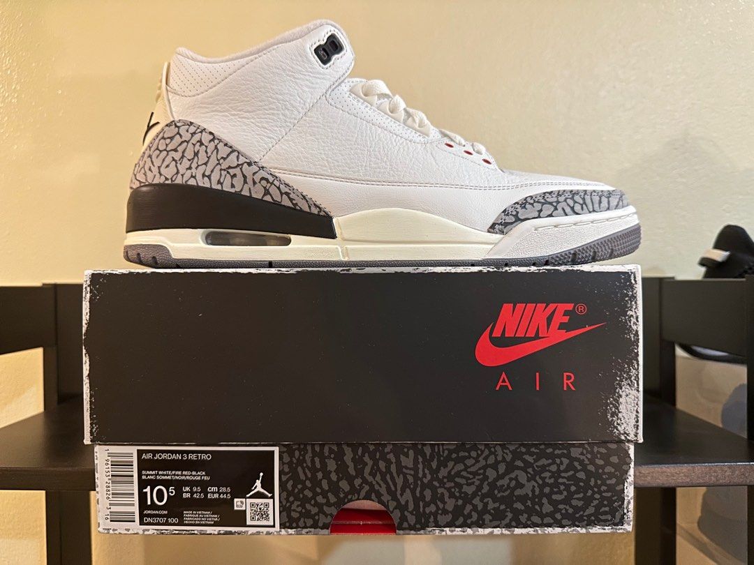 Jordan 3 Retro White Cement Reimagined (Category: Sneakers) located in Quezon City. Submitted by zara_haul (Listing ID 1276865166, Image 2). Description: Product Description Jordan is traveling back in time to 1988 for the next part of their Reimagined series, with the release of the Air Jordan 3 Retro White Cement Reimagined. Jordan used the same design and specs as the original 1988 Jordan 3 silhouette to help craft the second model of the Reim