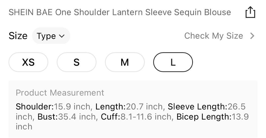 Shein size chart top in inches