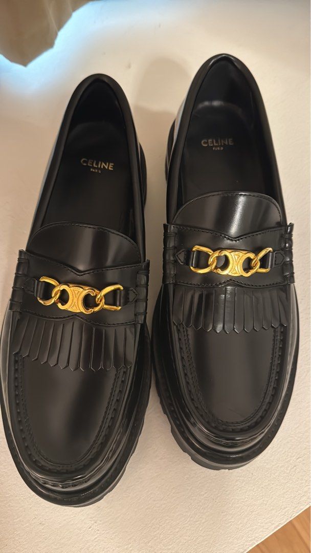 MARGARET CHUNKY LOAFER WITH FRINGES AND TRIOMPHE CHAIN IN POLISHED BULL BLACK main image 0