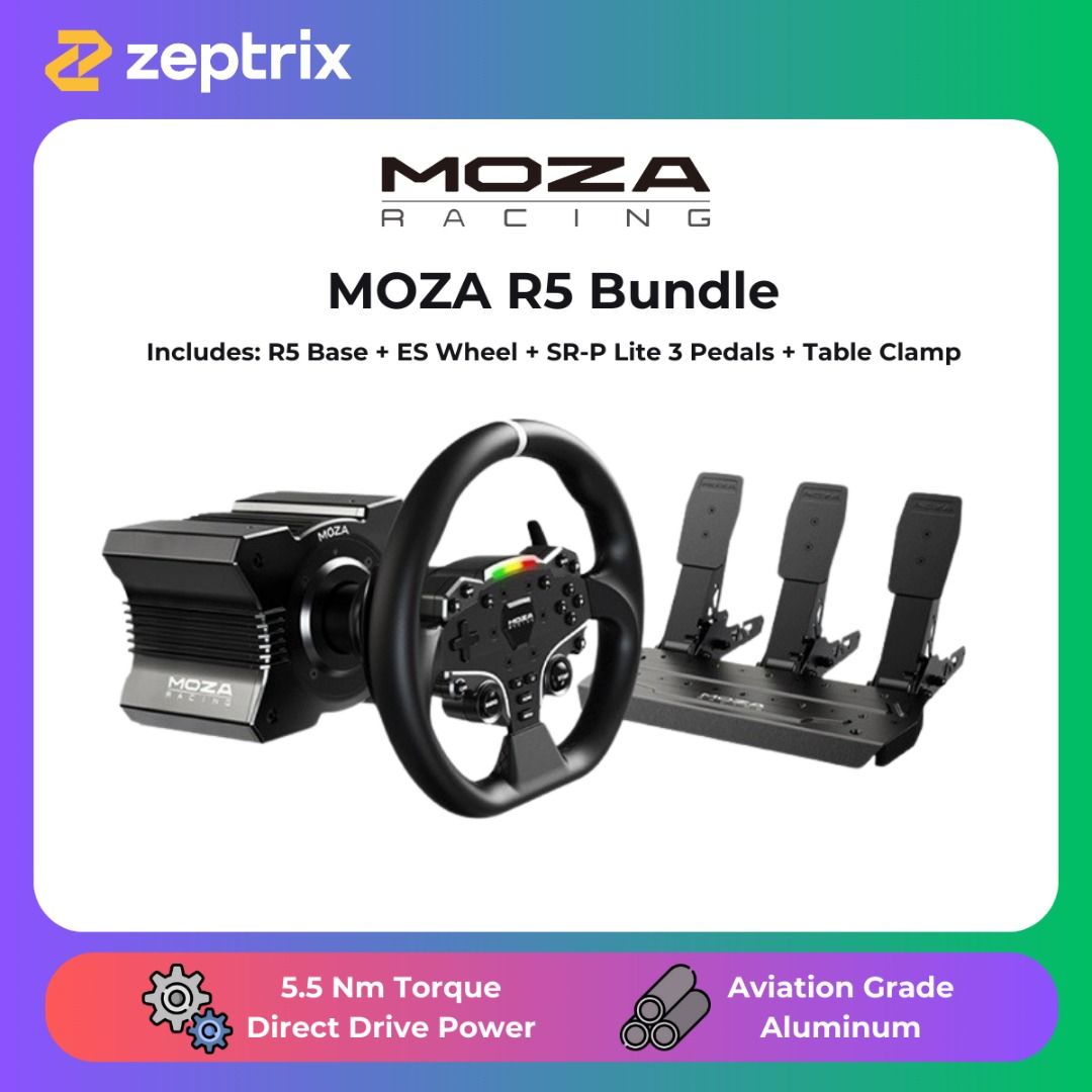MOZA R5 Bundle - 3 Pedals + ES Wheel + Wheel Base + Table Clamp, Video ...
