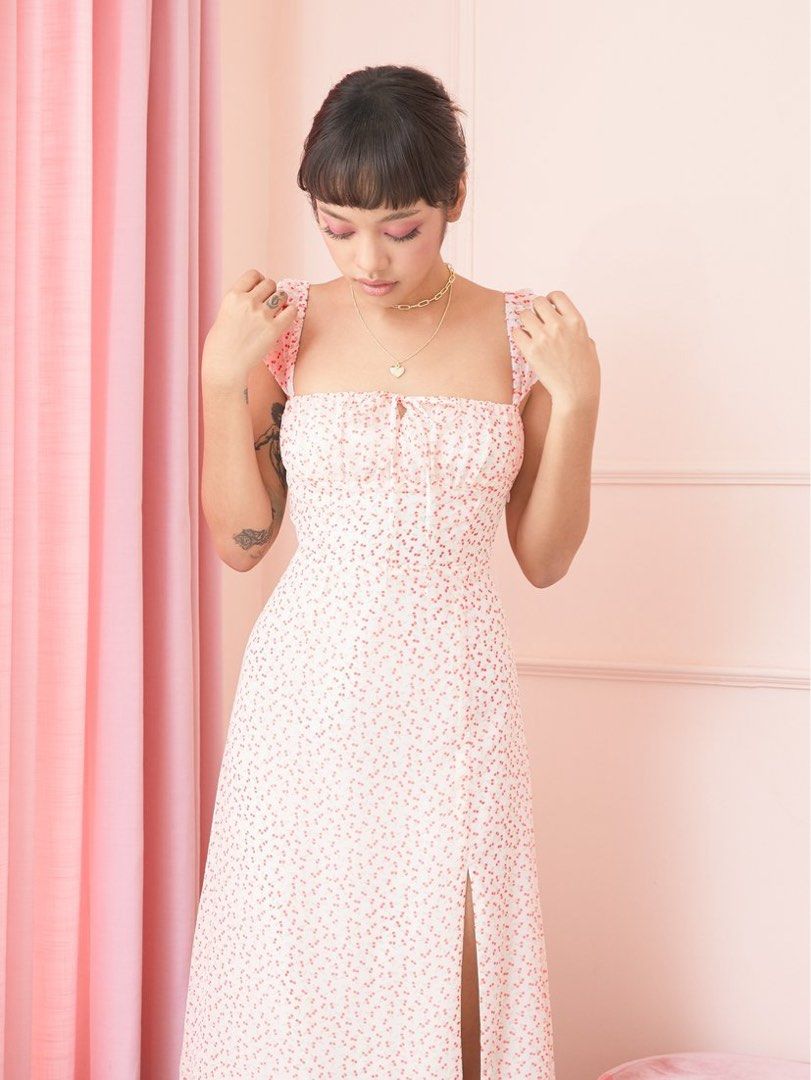Pomelo Cap Sleeves Cherry Print Dress (Category: Dresses) located in Manila. Submitted by gavemeroses (Listing ID 1276932746, Image 1). Description: • Size s on tag • worn once • flaws: few little holes on inner linen near tag (as seen on last pic) but not visible at all when worn • Shipping via lbc or shpe e checkout tags: shein , zara , bershka , h&m , cottage core , dainty , urban revivo , karimadon , realisation par , brandy melville.