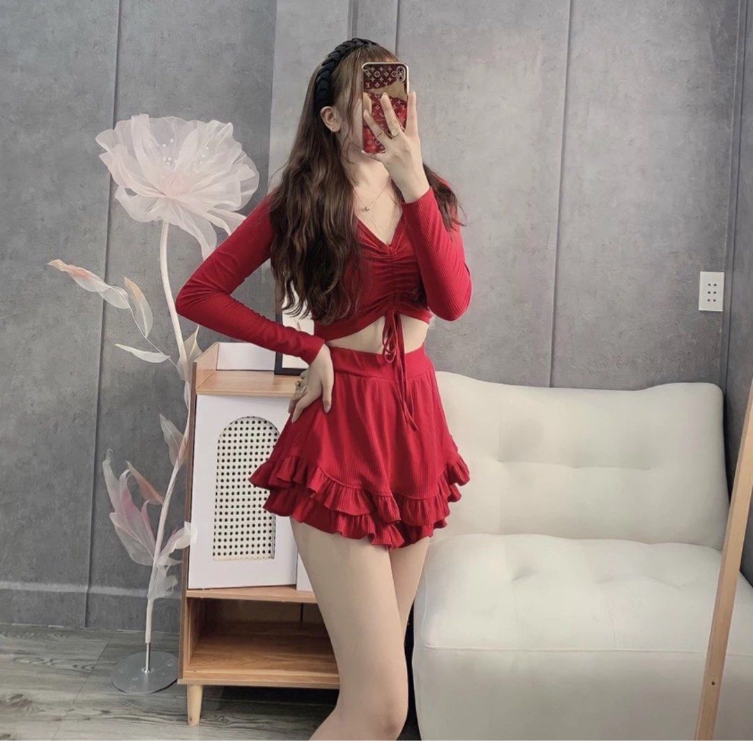 Red drawstring skirt top
