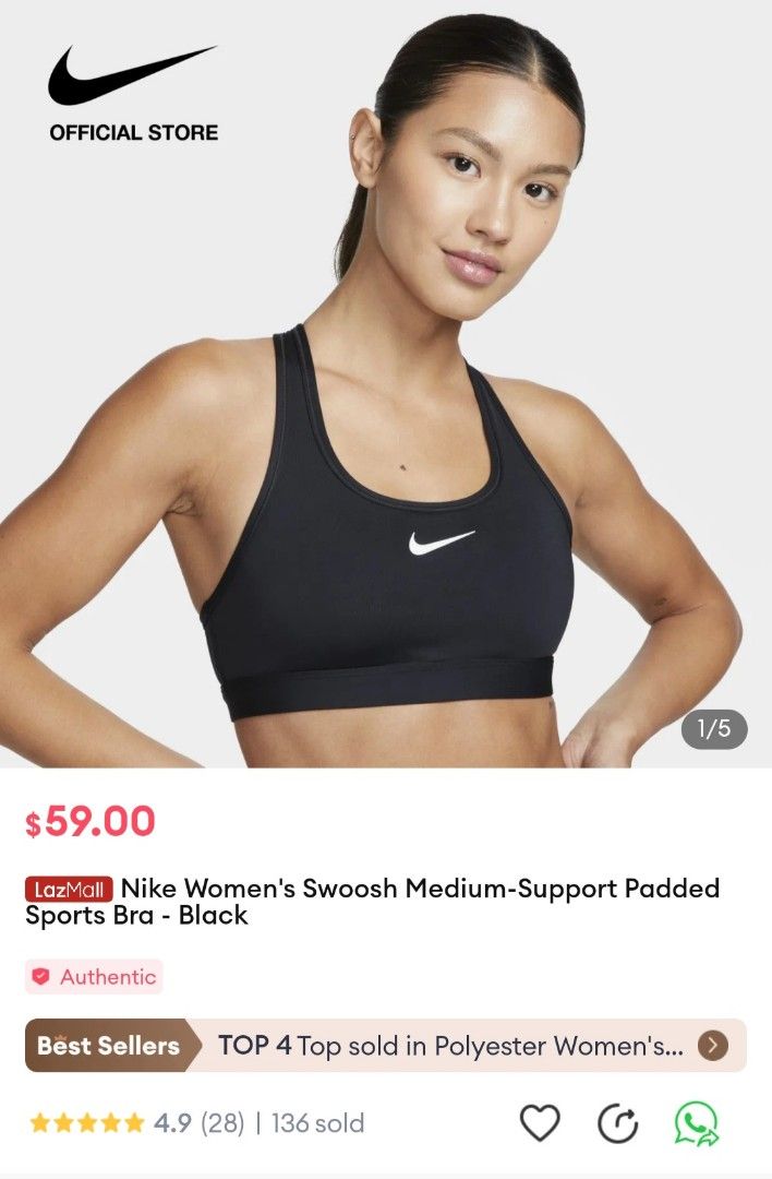 Nike Women's Swoosh Removed Padding Sports Bra - Black, Women's Fashion,  Activewear on Carousell
