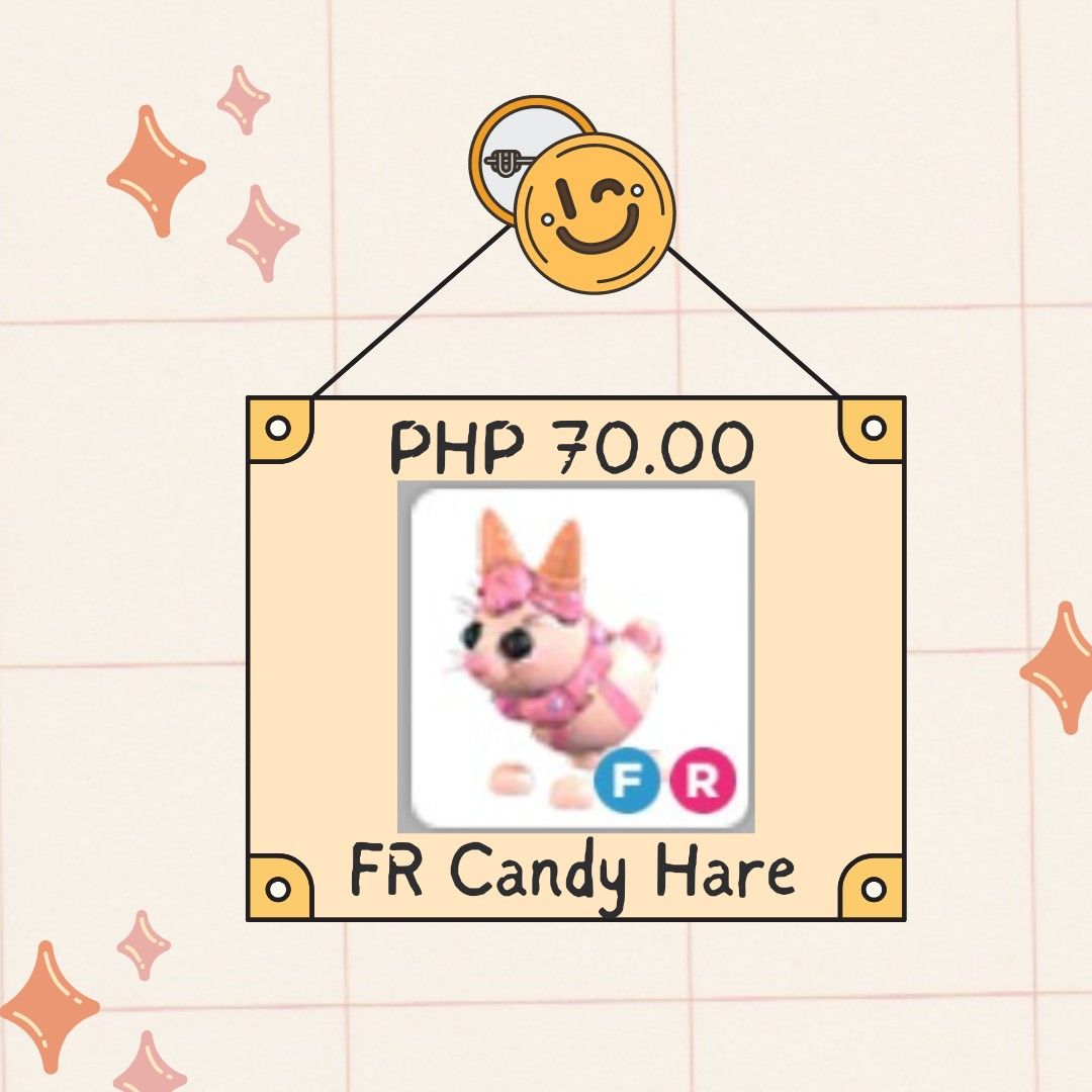 Roblox/Adopt Me (Category: Others) located in Antipolo. Submitted by loura21 (Listing ID 1271714763, Image 1). Description: The Candy Hare is a Legendary Pet from Hare Box. It is currently worth a little more than the Glass Scooter. It is currently worth a little less than the White Amazon. It is currently about equal in value to the Pelican. PS: Hello guys, I'm selling Adopt Me Pets. I don't make reservations and stock pets that are not on my li
