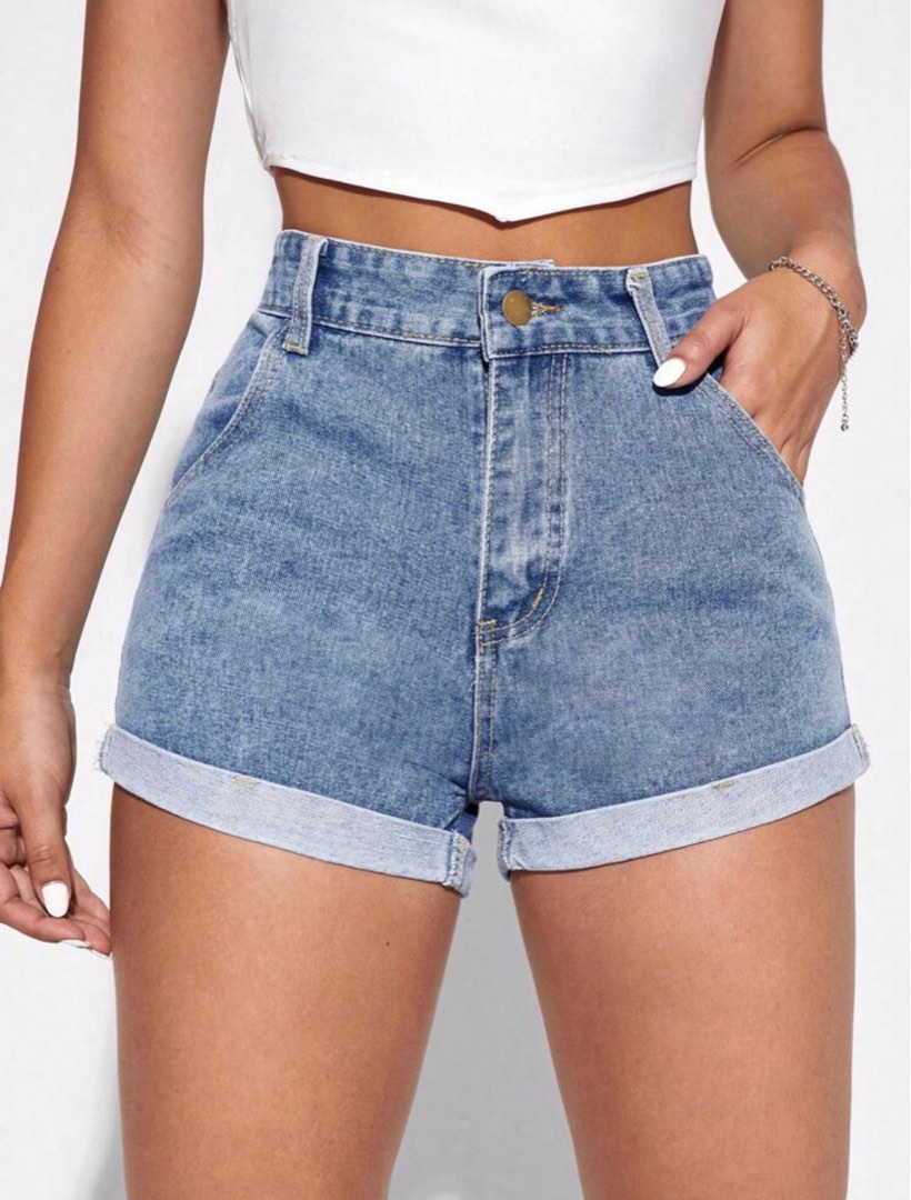 Rolled Hem Denim Shorts Women s Fashion Bottoms Shorts on Carousell