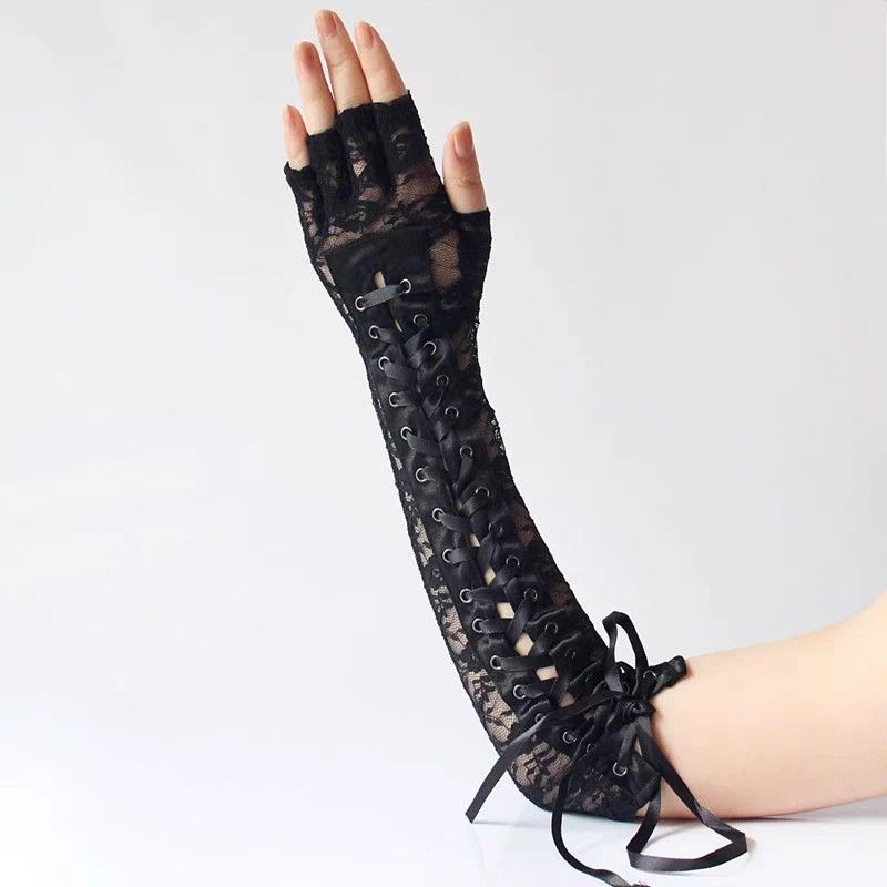 Sexy black lace fish net gloves sexy tie up black gloves floral