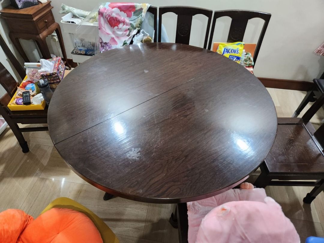 SOLID WOOD TABLE (Category: Tables & Sets) located in Singapore. Submitted by weezard (Listing ID 1276902339, Image 1). Description: well used dinning table with 6 chair. self collection near LENTOR MRT STATION.