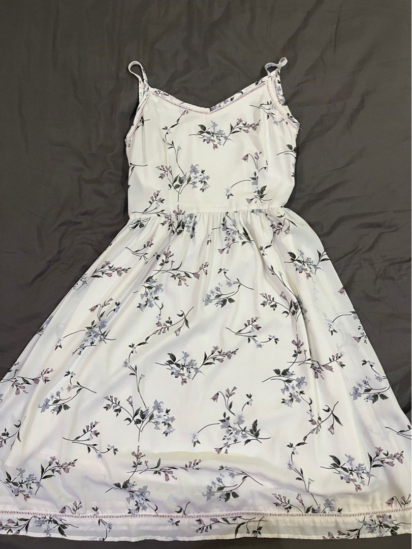 White Floral Cami Strap Dress Sun Dress Beach Picnic Wedding Dress