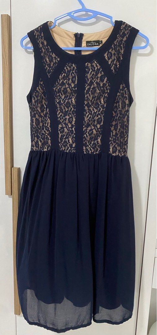 Zalora Navy Blue Dress with lace details Women s Fashion Dresses Sets Dresses on Carousell