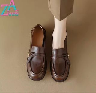 ZAZA Genuine Leather Round Toe Loafers Brown Leather Boat Shoes Soft Sole Lightweight Vintage Chunky Heel Shoes  Korean Style