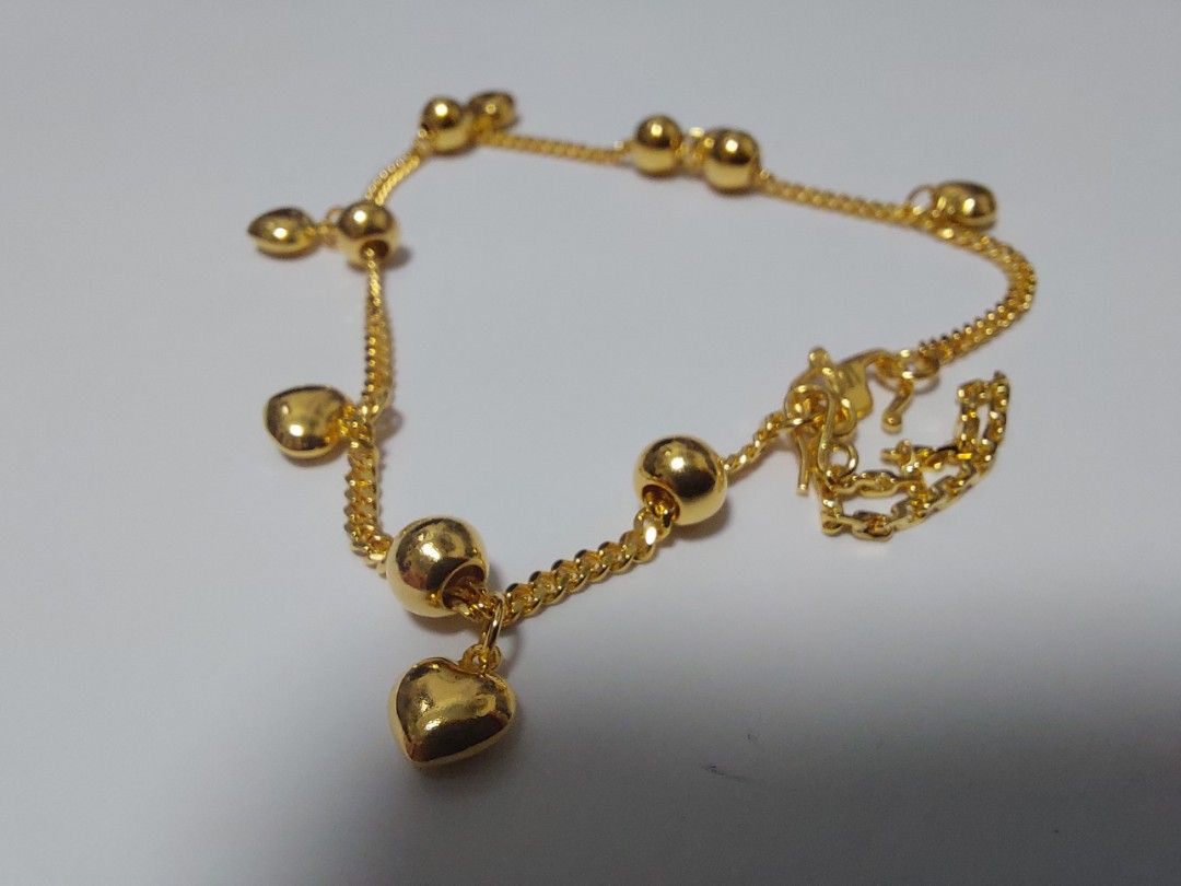 916 Gold 2mm curb chain with 6x 5mm heart charms and 6x 4mm beads