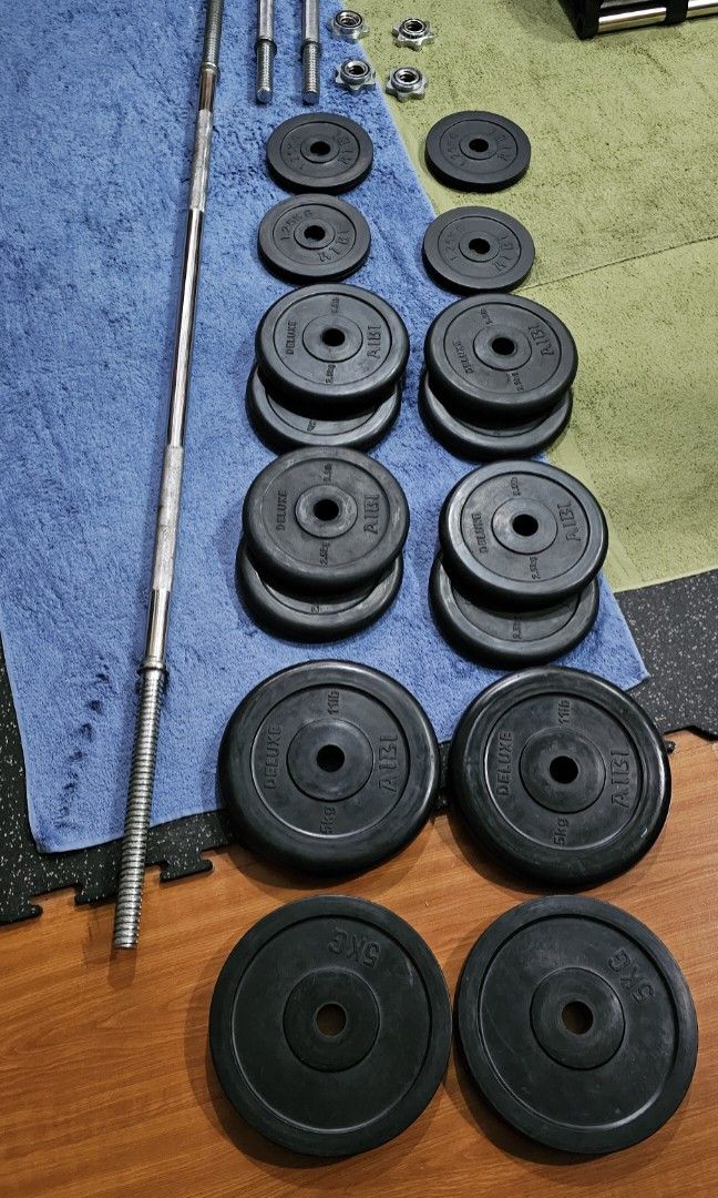 Barbell set with 60kg weights, Sports Equipment, Exercise & Fitness