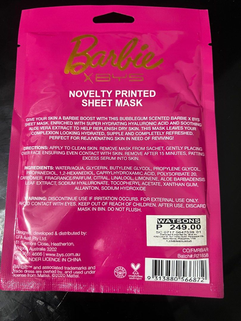 Barbie BYS masks, Beauty & Personal Care, Face, Face Care on Carousell