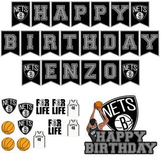 Brooklyn Nets NBA Basketball Theme Birthday Party Banner Cupcake Cake Topper Decoration Personalized