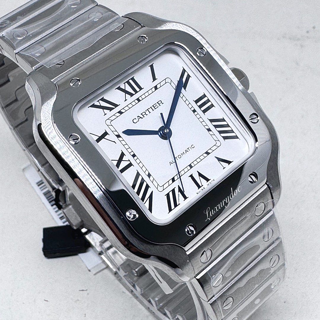 FS.BNIB CARTIER SANTOS MEDIUM AUTOMATIC STEEL OPALINE DIAL WATCH