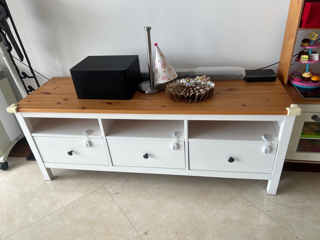 Ikea Hemnes TV bench white stains light brown