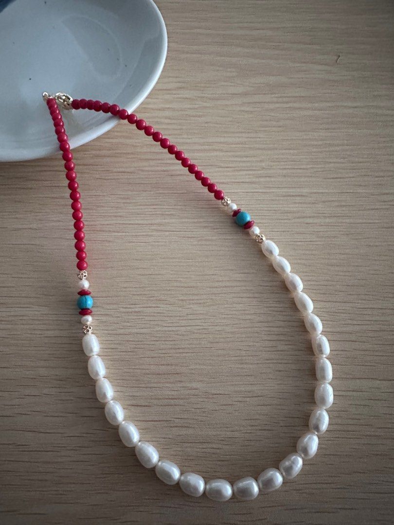 Japan red coloured beads freshwater pearls necklace Women s