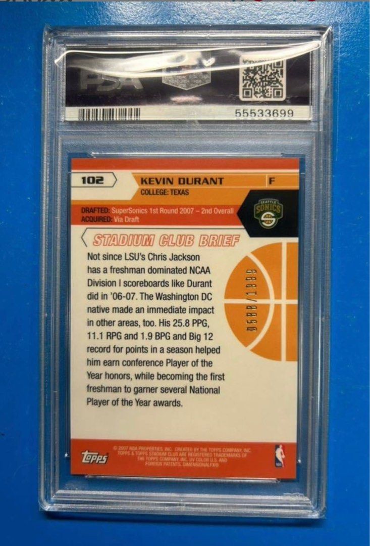 Kevin Durant Chrome Rookie (Category: Graded Singles) located in Tarlac. Submitted by amcapin (Listing ID 1277118840, Image 2). Description: For sale 2007 Stadium Club Kevin Durant Chrome Rookie /1999 PSA9 11,800 shipped or Meet up Tarlac.