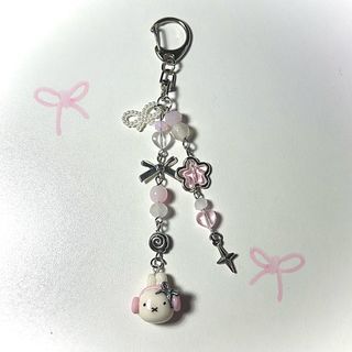 Miffy with Pink Headphones Silver Bow Themed Beaded Wire Keychain