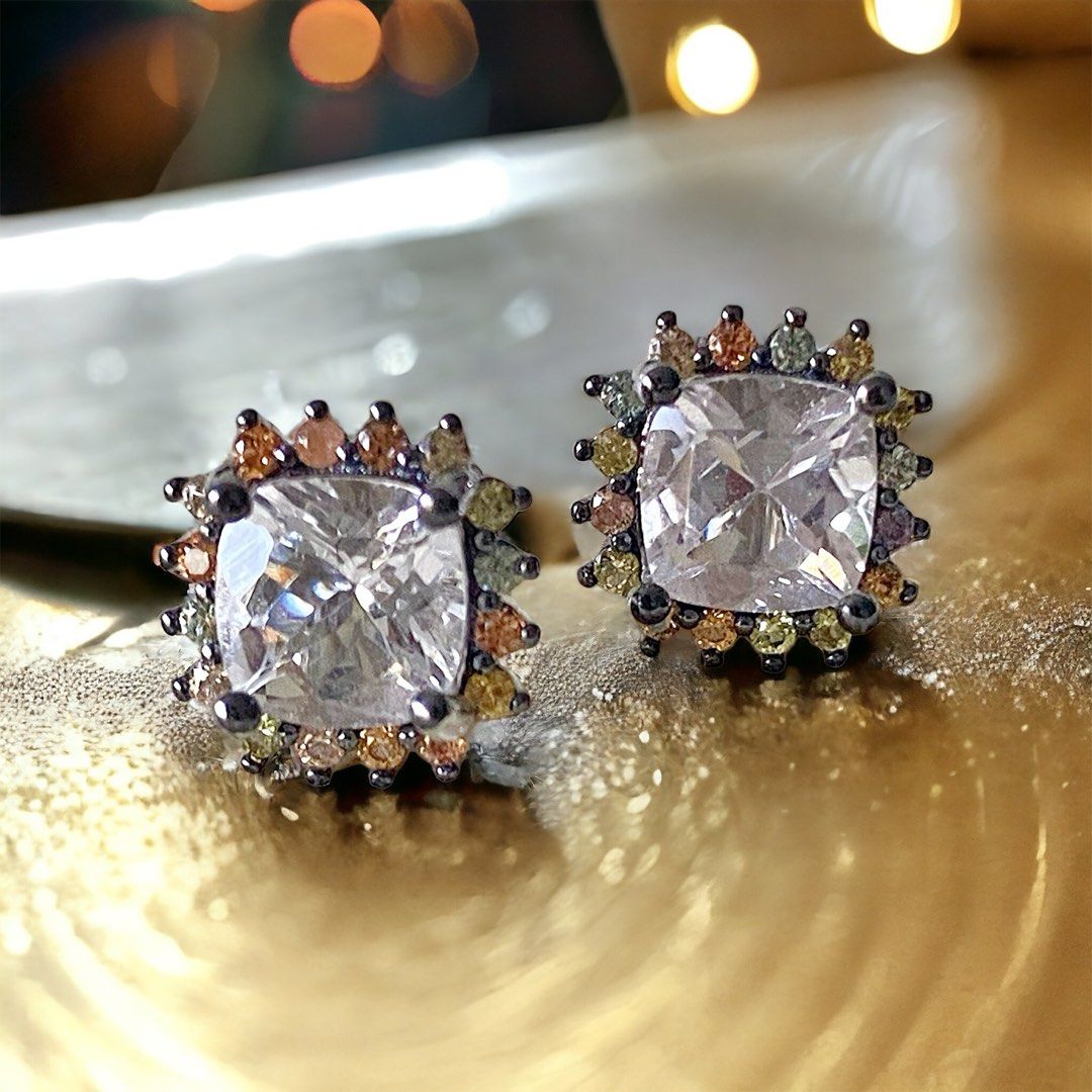 Natural white topaz earrings w Multicoloured sapphires Women s
