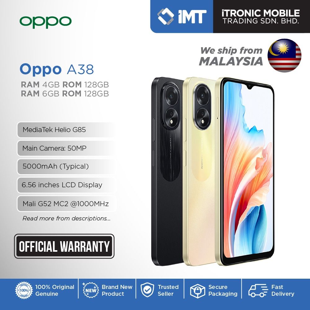 OPPO A38 (Glowing Black, 4GB RAM, 128GB Storage) | 5000 mAh Battery and