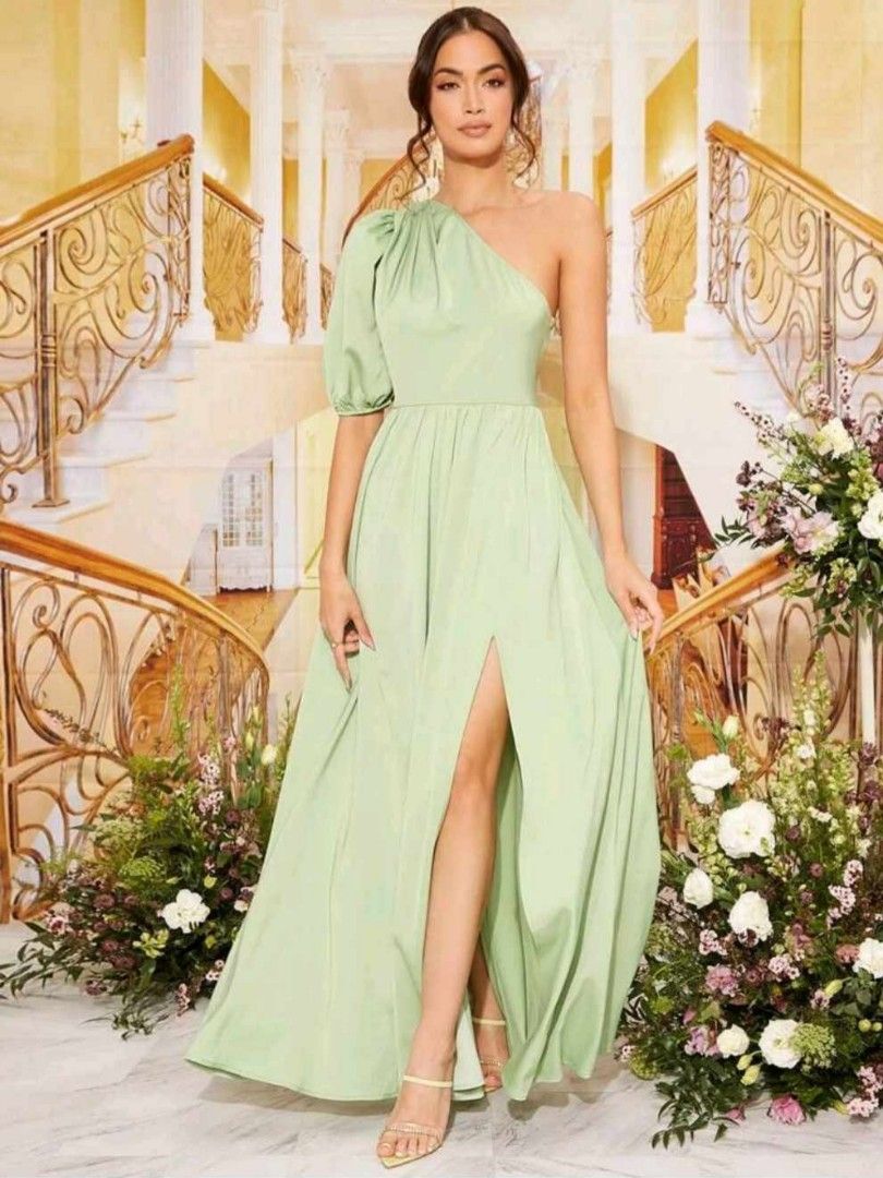 SHEIN Sage Green Gown One Shoulder, Women's Fashion, Dresses & Sets,  Evening dresses & gowns on Carousell