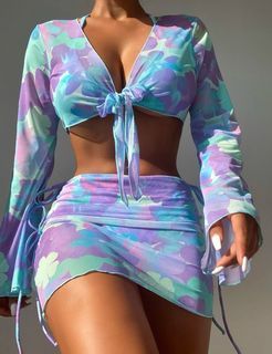 SHEIN: Watercolor Floral Print Bikini Set Halter Triangle Bra & Bikini Bottom & Cover Up Top & Skirt 4 piece Bathing Suit