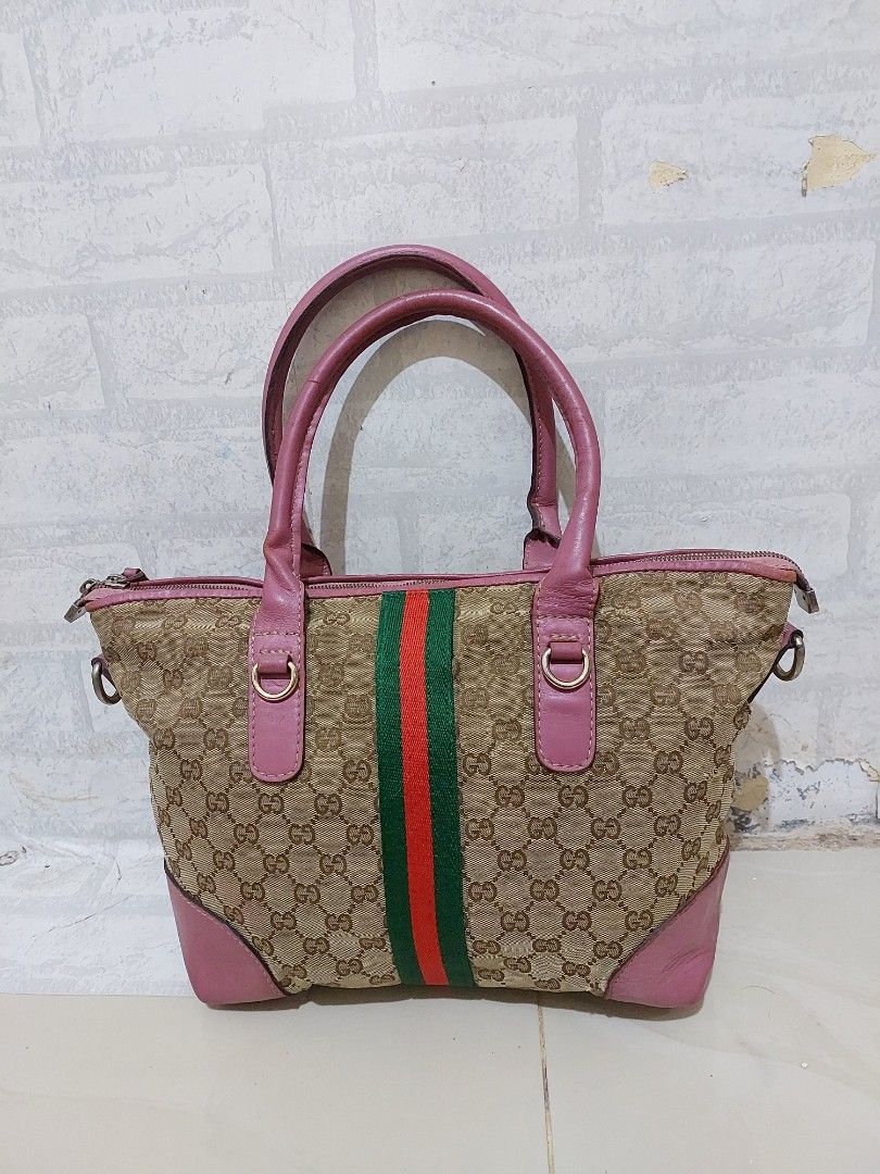 Tas Gucci Monogram Tote Bag With Pink 269957 Kanvas Mix Kulit Asli