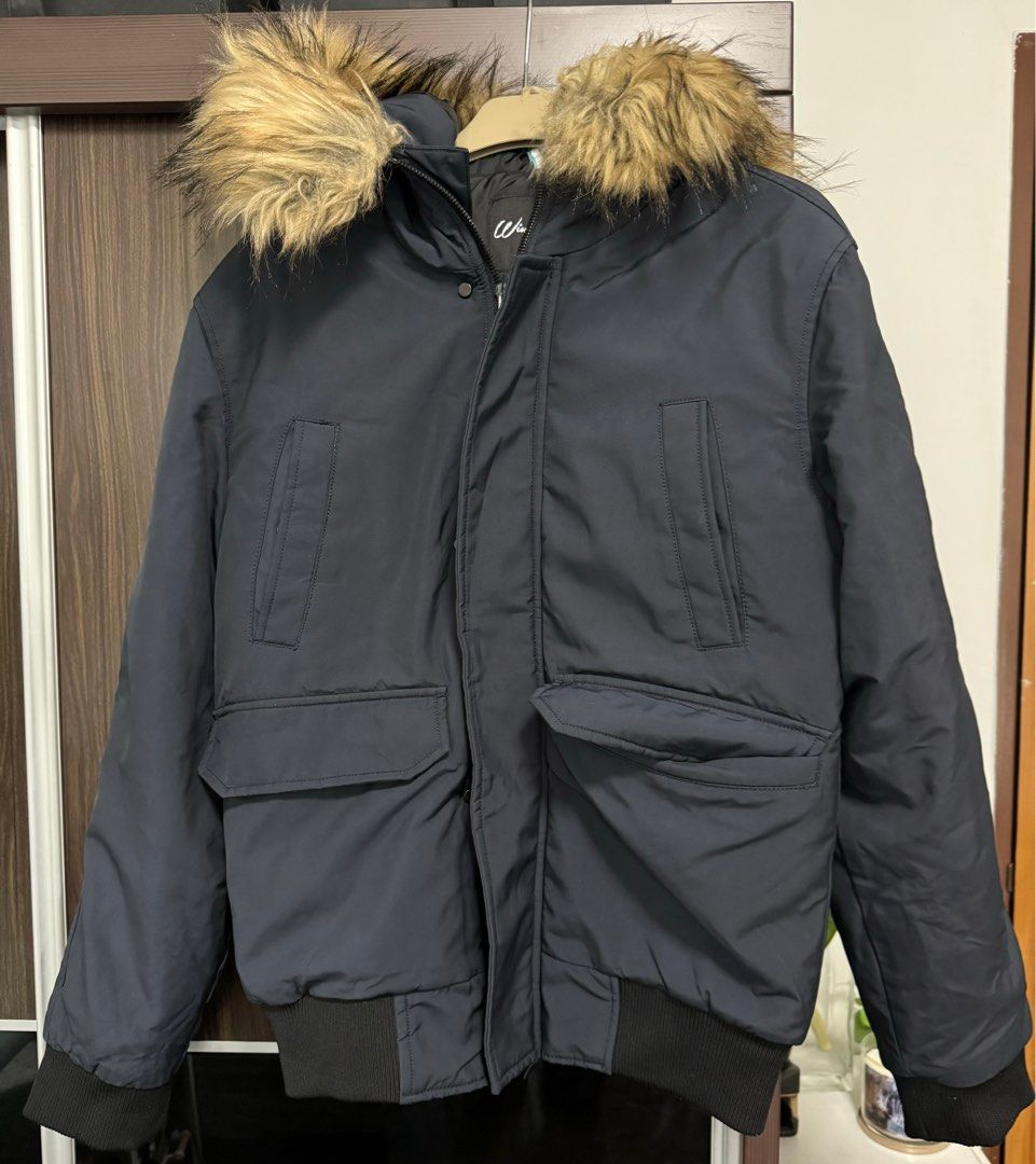 Mens black jacket with fur on sale