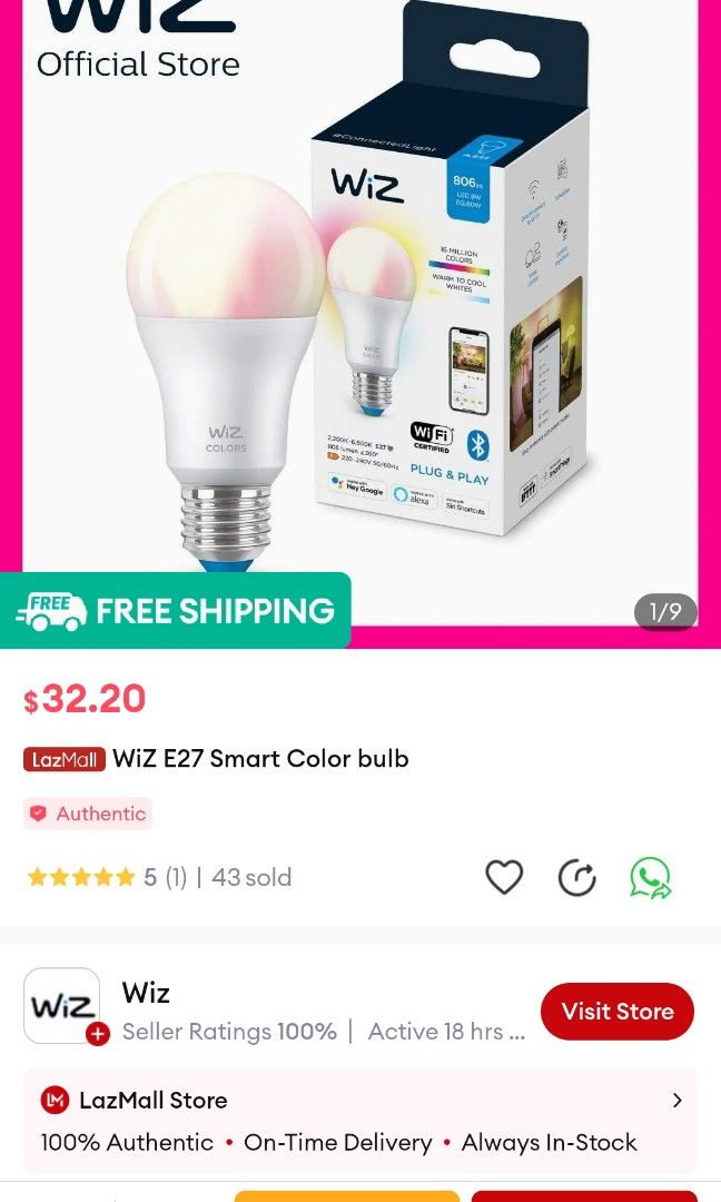 Wiz E27 Smart Color bulb, Furniture & Home Living, Lighting & Fans,  Lighting on Carousell