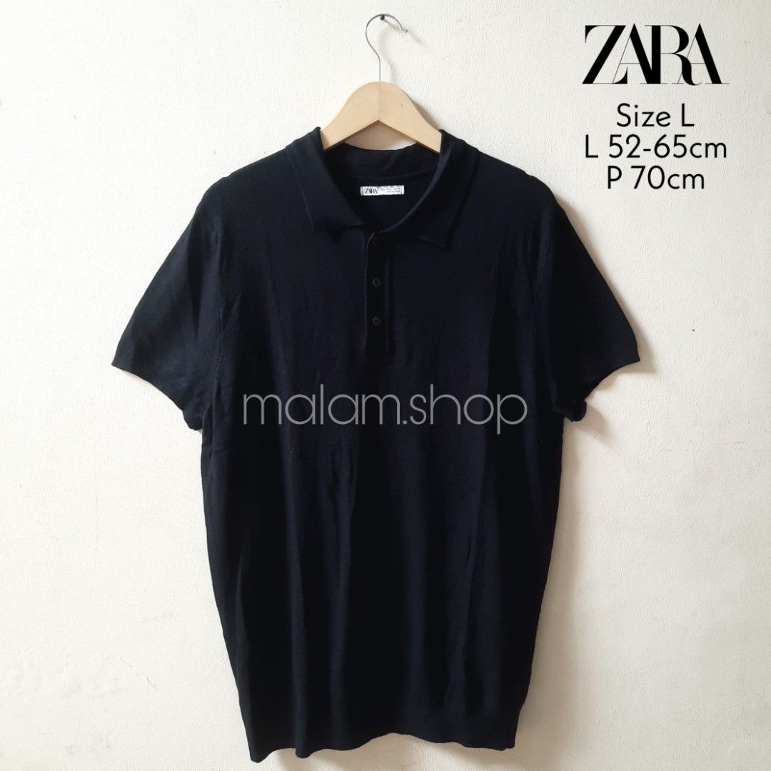ZARA Knit Polo Shirt Black, Fesyen Pria, Pakaian Atasan di