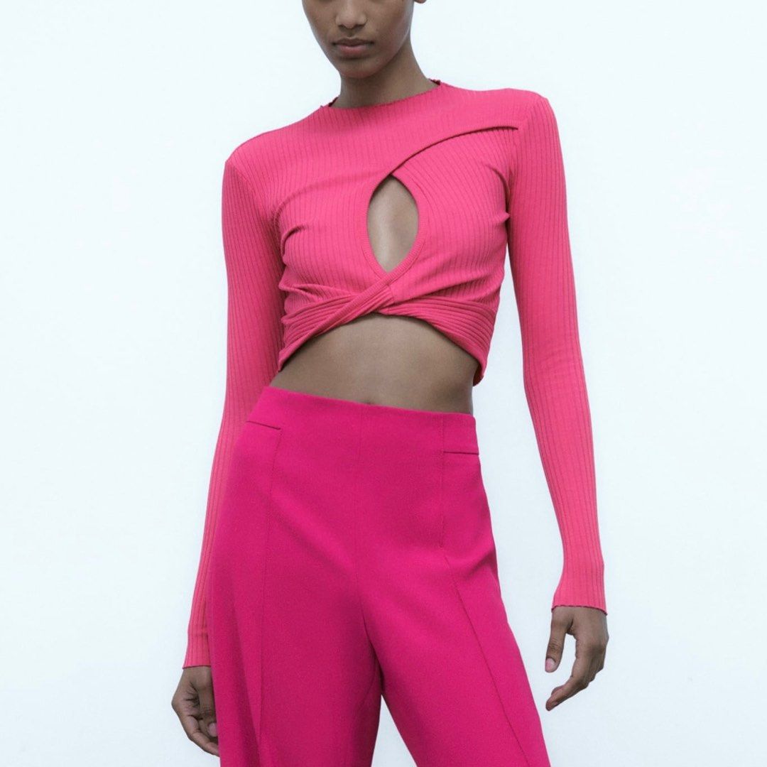 Zara Ruched Knit Cut Out Crop Top in Pink Women s Fashion Tops