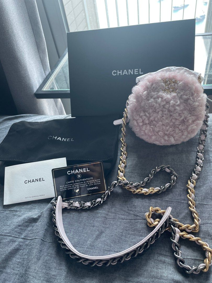 全新未使用品正品Chanel 19系列粉紅羊毛小圓餅斜孭袋, 名牌, 手袋及銀