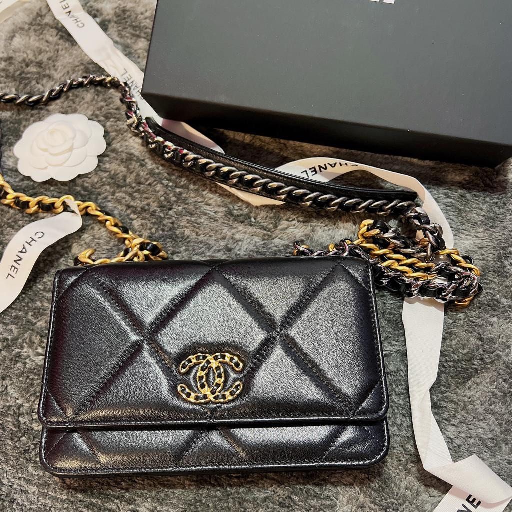 Authentic New Chanel 19 black crossbody Wallet on Chain WOC in Lambskin Bag Gold Silver hardware