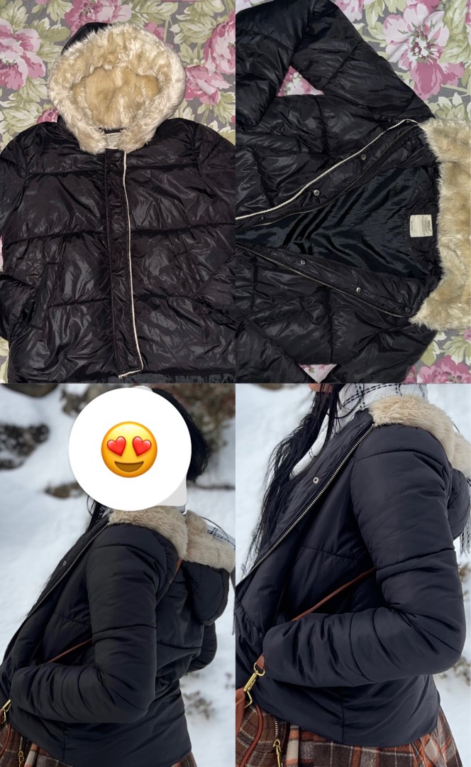 Black with Faux fur hood puffer jacket winter, Women's Fashion, Coats ...