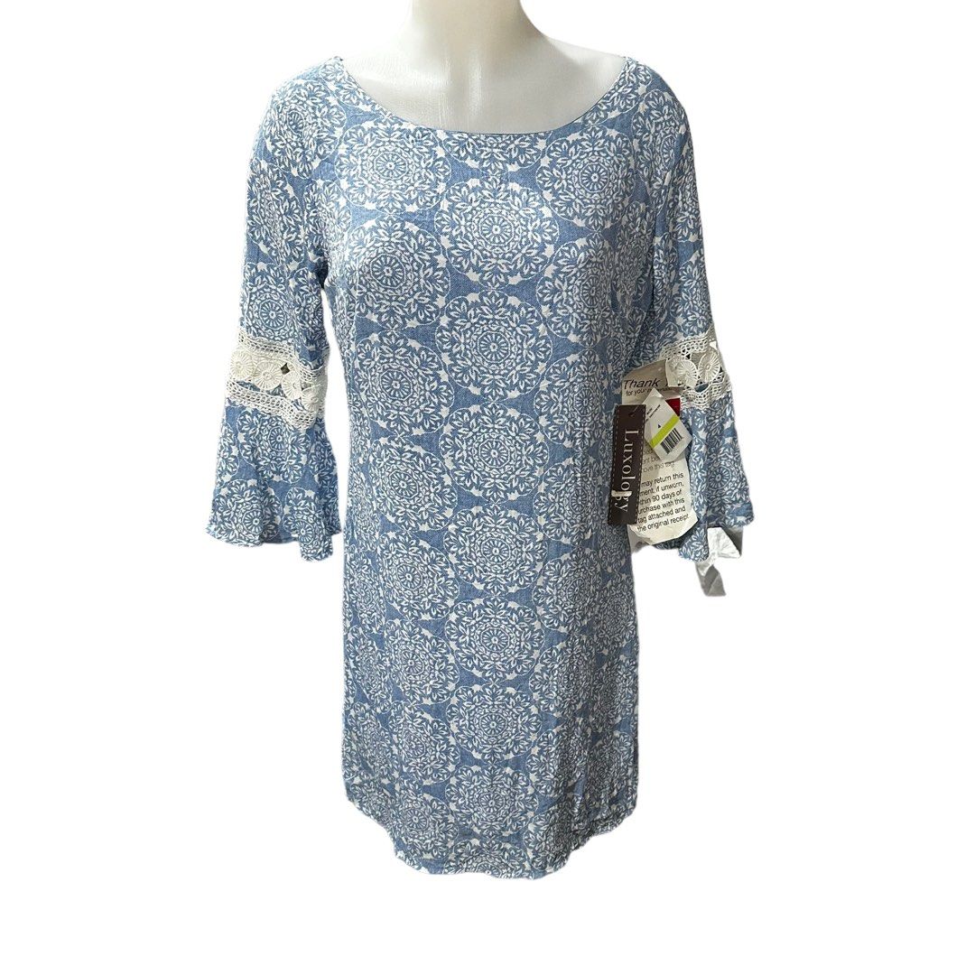 BRAND NEW WITH TAG LUXOLOGY 3 4 longsleeve dress light blue white floral medallion print tunic shift pastel