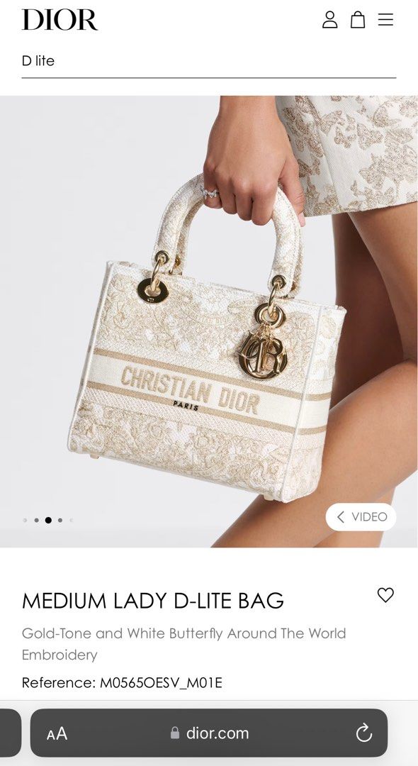 Christian Dior Medium Lady D-Lite Bag (Gold Tone and White