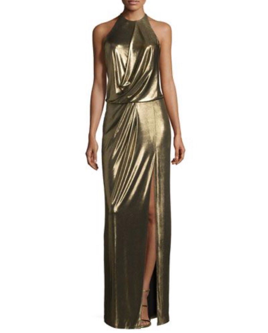 HALSTON HERITAGE HALSTON Gown Twist Front Metallic Halter