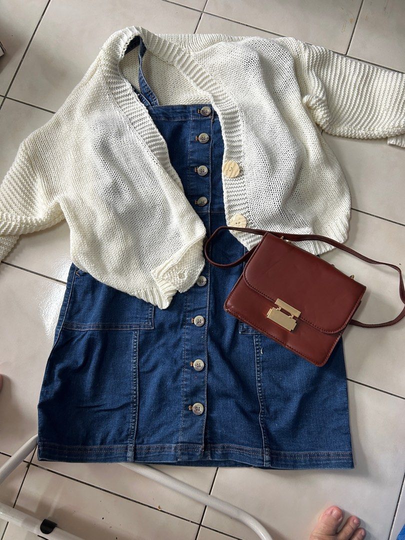 H M Jean dress white crochet cardigan red bag