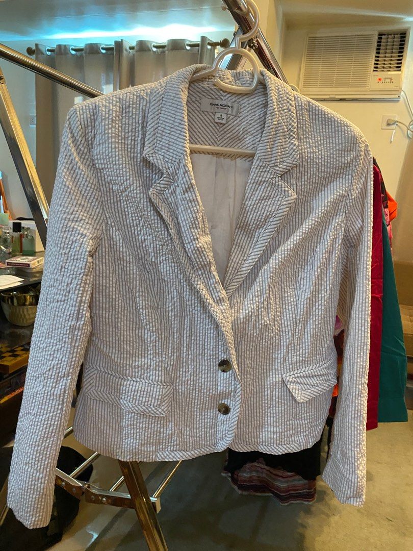 Isaac Mizrahi White and Light Brown Striped Blazer Women s