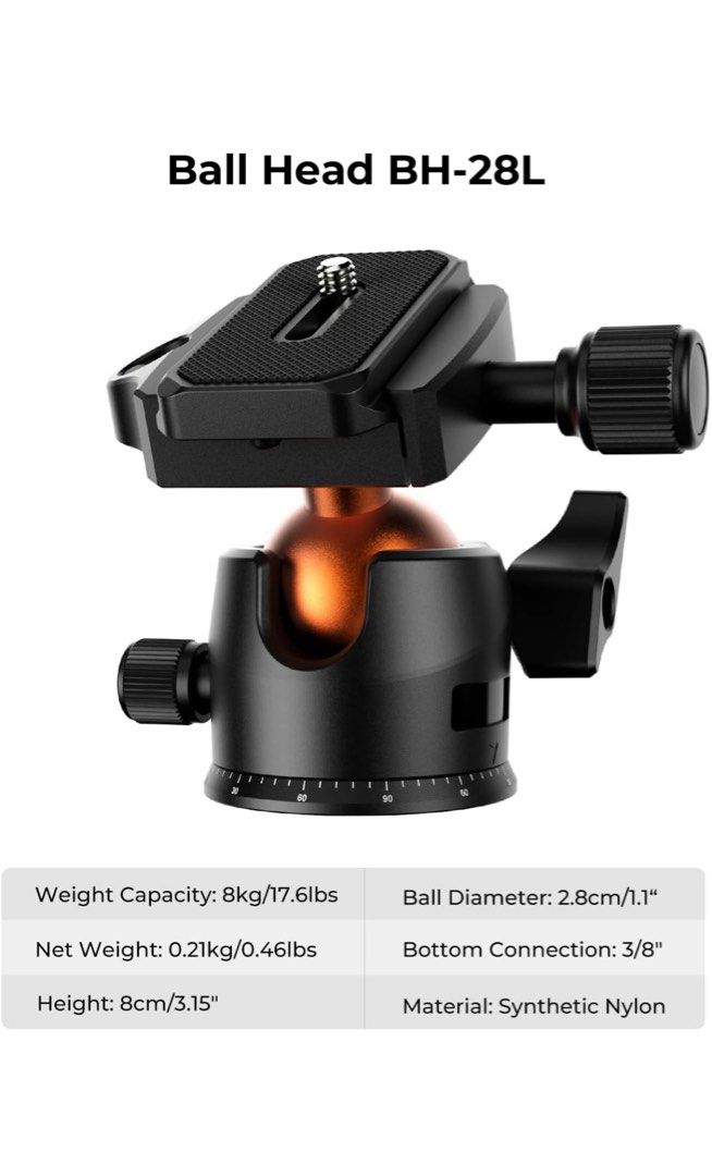 K&F CONCEPT 63.8''/1.63m Aluminum Travel Tripod 8kg/17.6lbs Load Reflexible Toggle Lock K234A0+BH-28L with CNC BH-28L Head, with Mobile Phone Clip62863063457025114