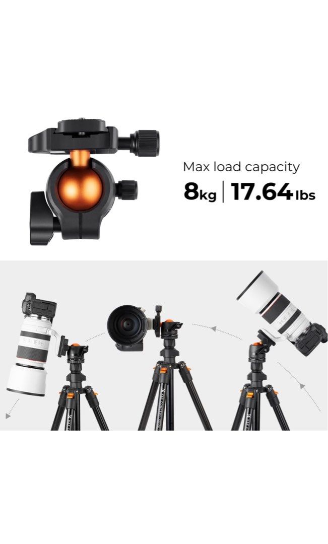 K&F CONCEPT 63.8''/1.63m Aluminum Travel Tripod 8kg/17.6lbs Load Reflexible Toggle Lock K234A0+BH-28L with CNC BH-28L Head, with Mobile Phone Clip62863063457025113