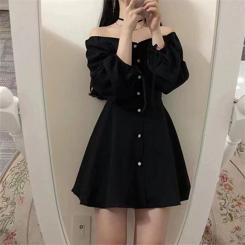 Korean Black Dress Trend Off Shoulder Button Down, Women's Fashion ...